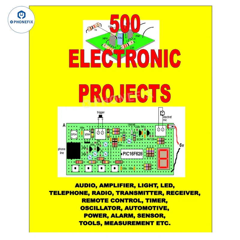 Cover of the PHONEFIX PDF book "500 Best Electronics Projects for Beginners" featuring colorful circuit diagrams and project ideas.