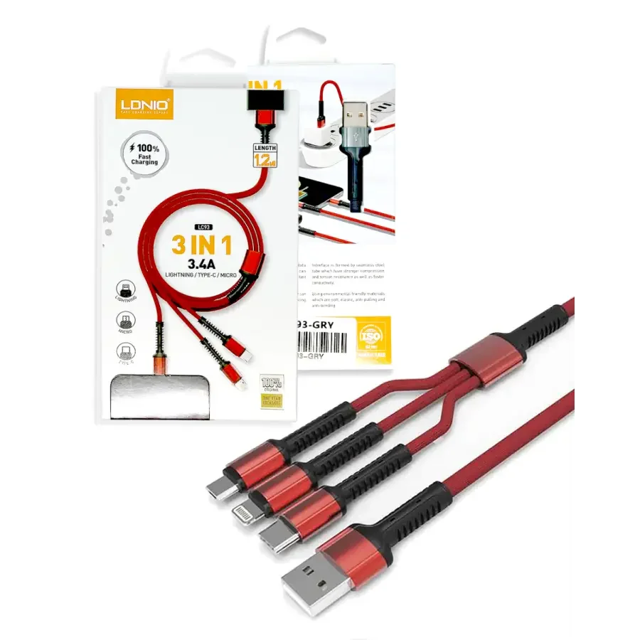 Universal 3-in-1 USB charging cable by PHONEFIX with Type-C, Lightning, and Micro USB connectors for iPhone and Android devices.