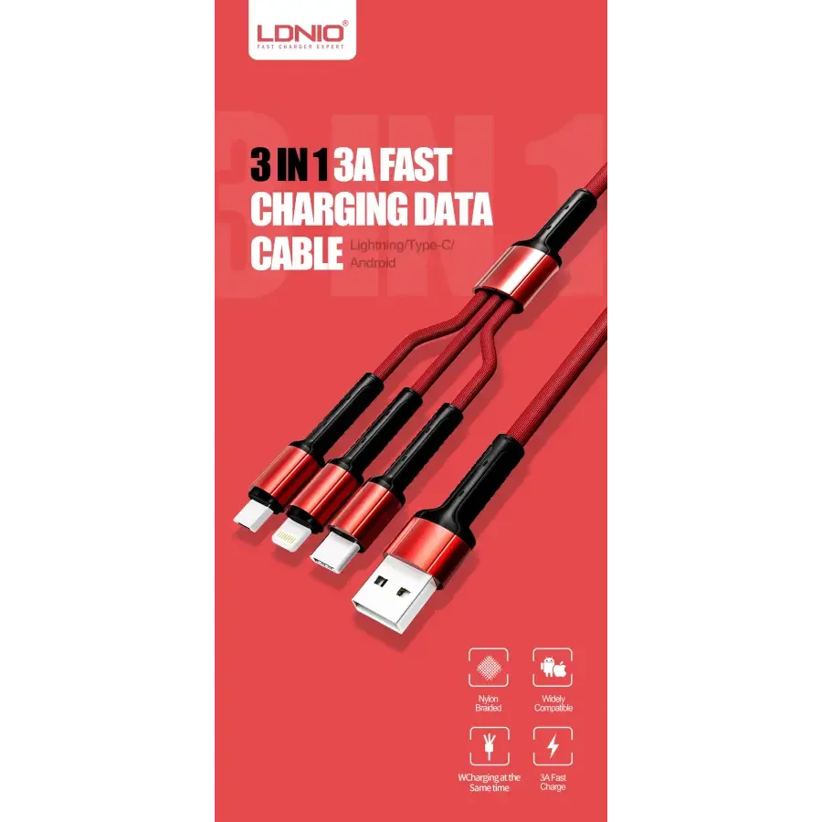 Universal 3-in-1 USB charging cable from PHONEFIX with Type-C, Lightning, and Micro USB connectors for iPhone and Android devices.