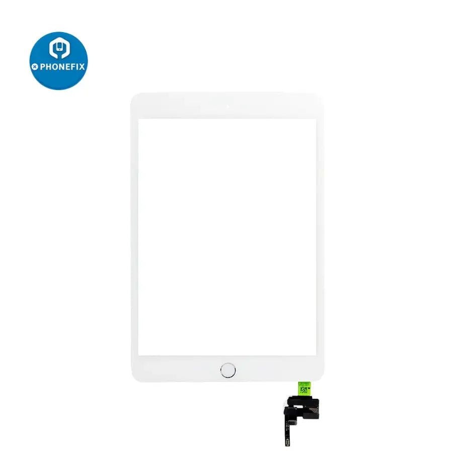 iPad Mini 3 digitizer assembly with home button replacement by PHONEFIX, showing assembled screen and components on a white background