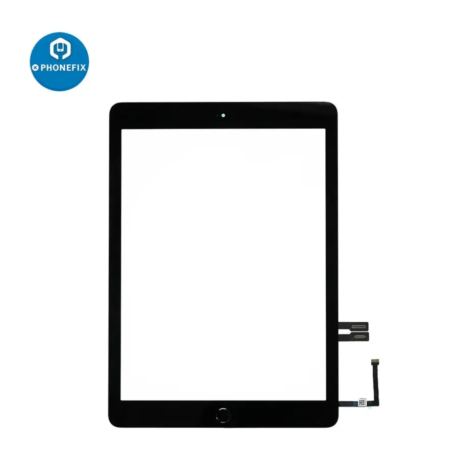 iPad 6 touch screen assembly with home button replacement by PHONEFIX, showing the assembled LCD screen and home button.