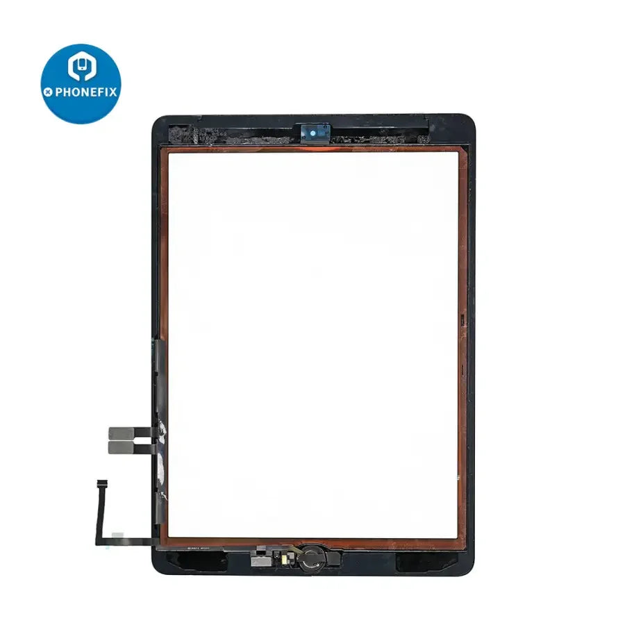 iPad 6 touch screen assembly with home button replacement by PHONEFIX, showing the assembled screen and home button on a white background.