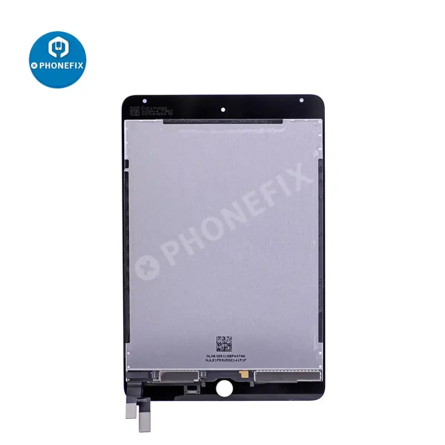 iPad Mini 4 LCD digitizer assembly replacement by PHONEFIX, showing the screen and touch surface without home button.