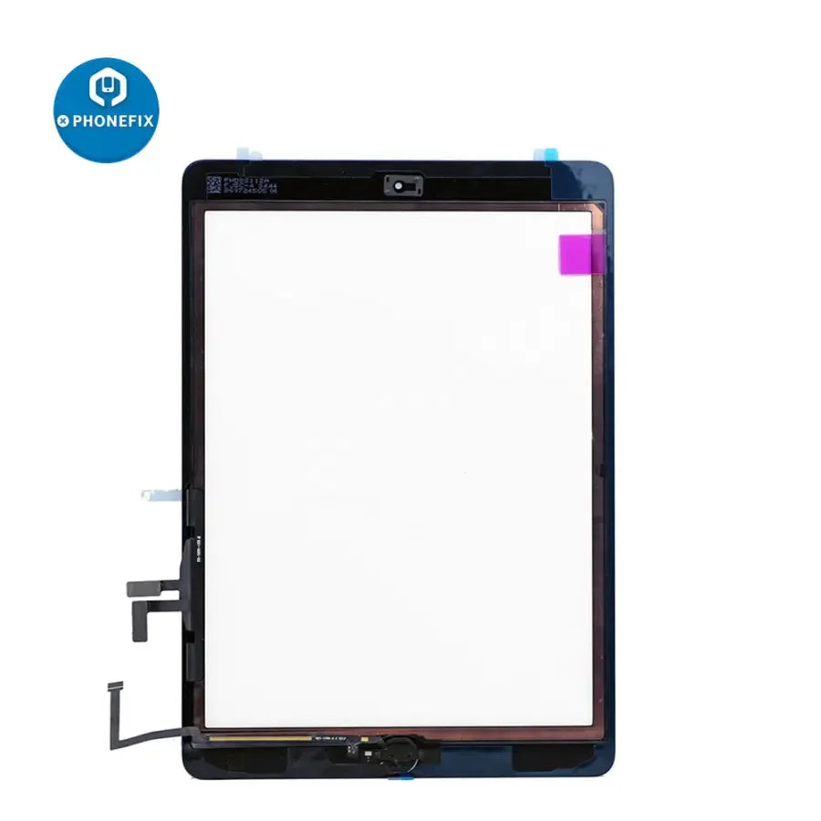 iPad Air touch screen assembly replacement by PHONEFIX, showing a new iPad Air replacement screen with digitizer and frame.