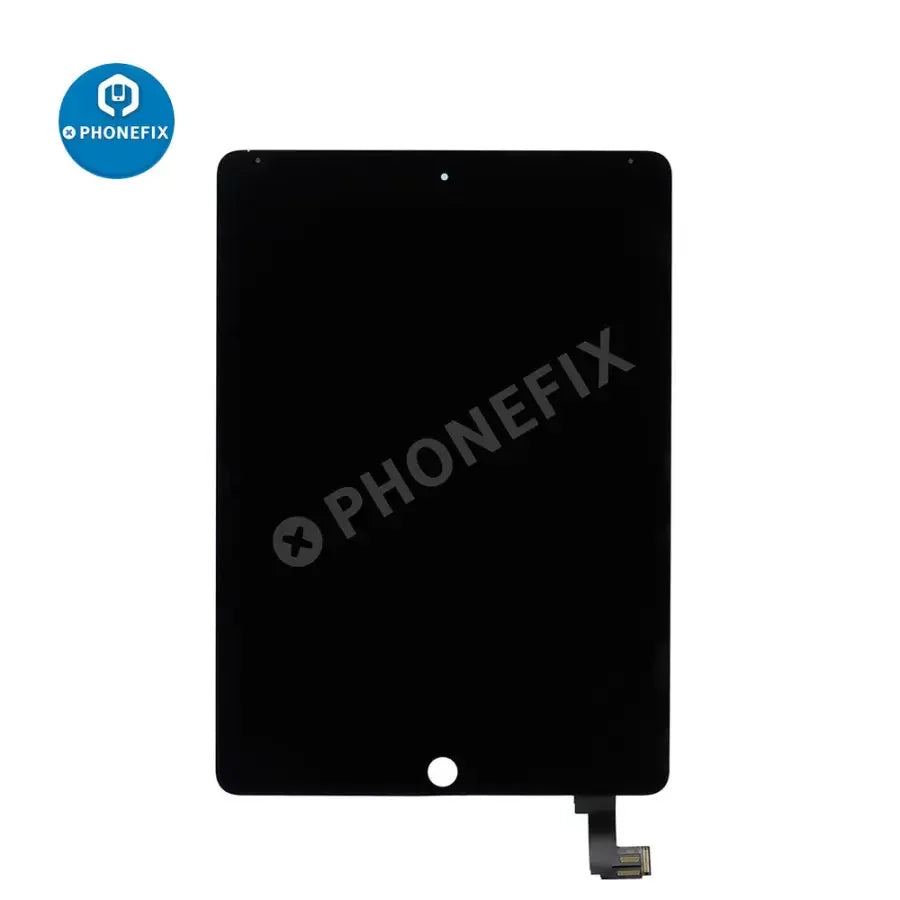iPad Air 2 LCD screen with digitizer assembly replacement by PHONEFIX, showing the assembled display without home button on a white background.