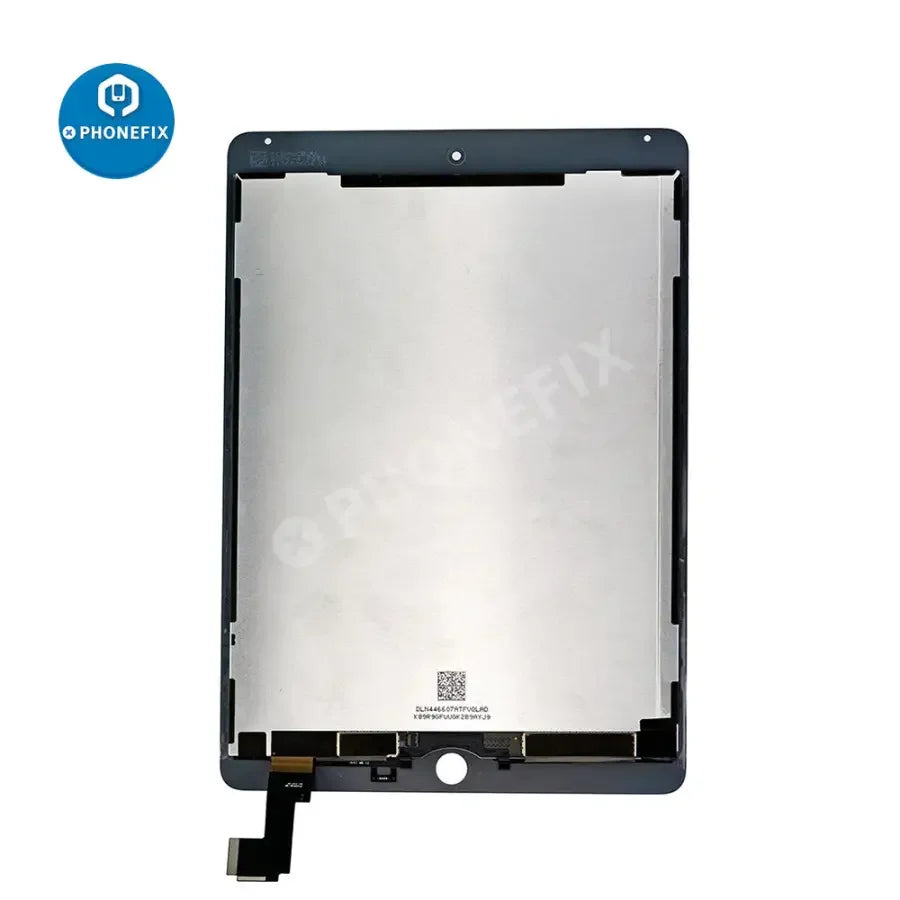 iPad Air 2 LCD with digitizer assembly replacement by PHONEFIX, showing new screen and digitizer without home button.