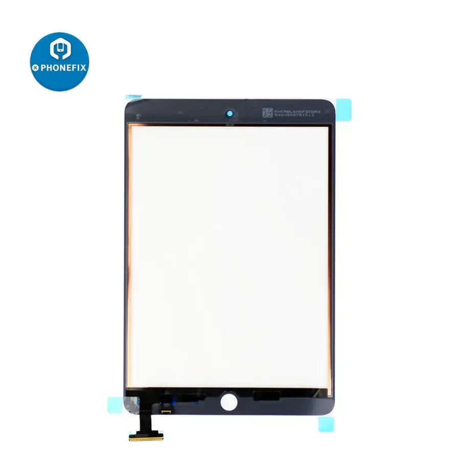 iPad Mini 1/2 touch screen digitizer replacement by PHONEFIX, showing the new iPad Mini screen assembly with digitizer in black.