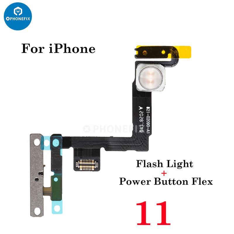 PhoneFix iPhone 11-15 Pro Max flashlight flex cable replacement, showing the flexible cable for repair or replacement.