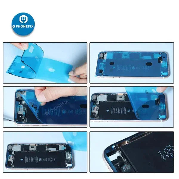 PhoneFIX waterproof sealing adhesive sticker for iPhone 15-18 Pro Max screen, shown applied around the front edge for protection.
