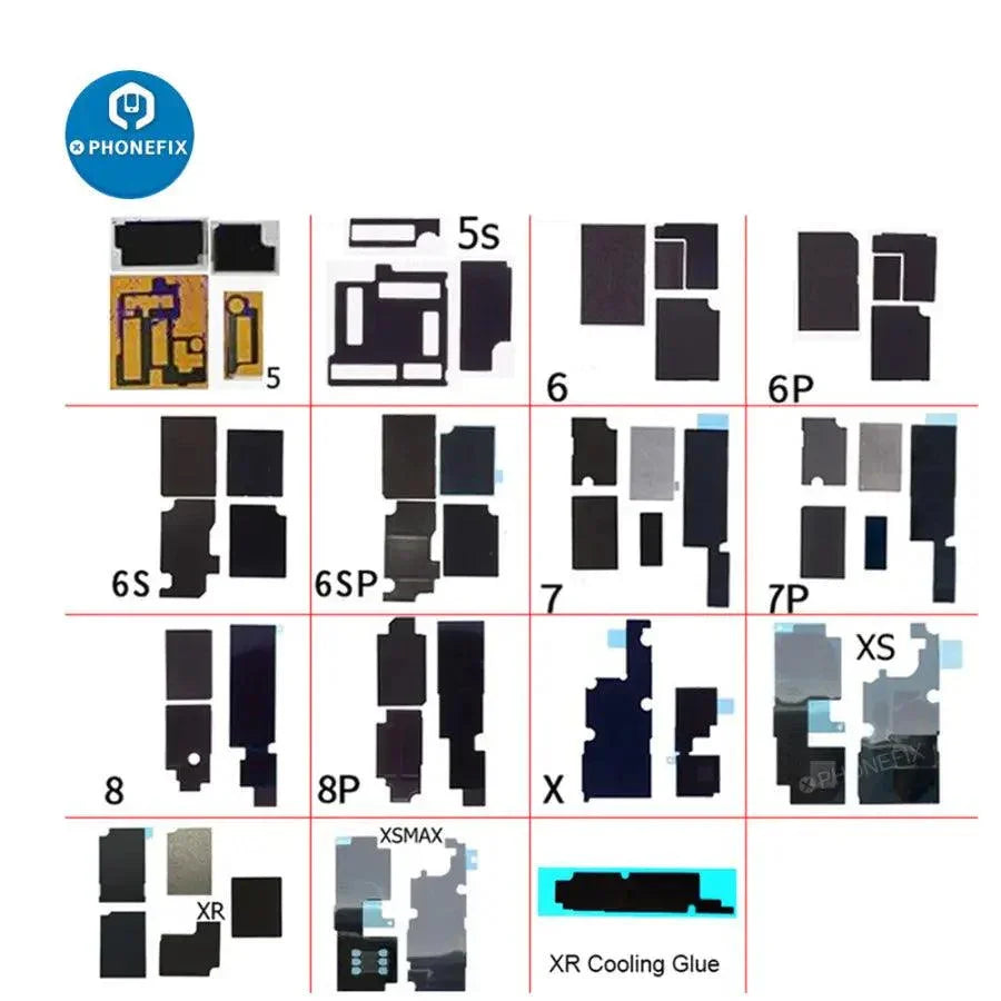 Black motherboard heat sink sticker for iPhone 6-14 Pro Max, designed for iPhone accessories by PHONEFIX, shown in a full set of 10.