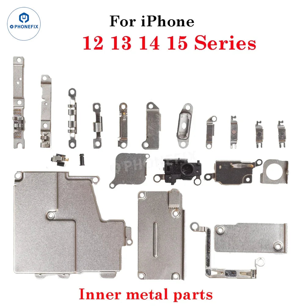 Inside small metal parts bracket shield plate for iPhone 6 to 17 Pro Max, designed by PHONEFIX for internal phone protection.