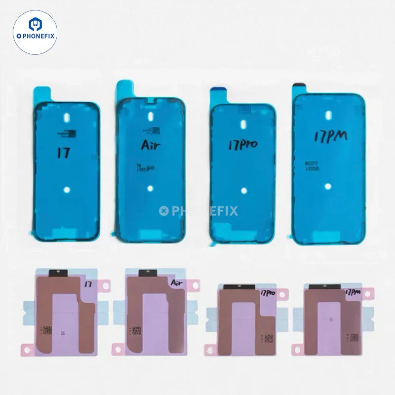 Waterproof adhesive strips and battery repair stickers for iPhone 17, Air, and Pro Max from PHONEFIX, displayed on a white background.
