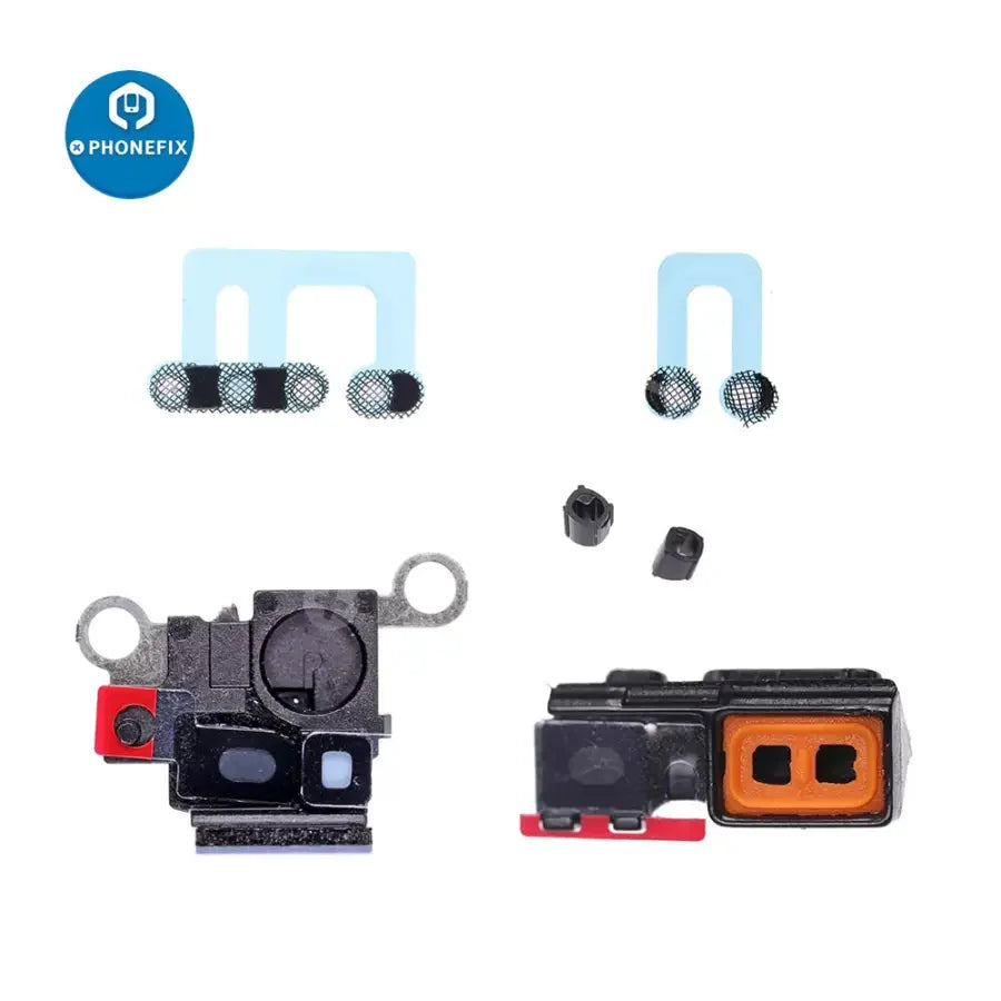 Set of six PHONEFIX anti-dust mesh covers for iPhone 12 Mini and Pro Max, with adhesive for charging port protection.
