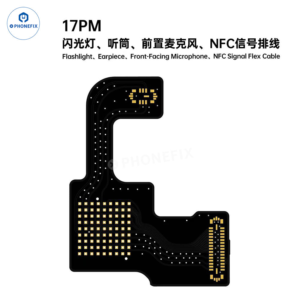 YCS Mr.Yang flashlight earpiece flex cable for iPhone 17 Pro Max, PHONEFIX brand, showing the single-row flex cable on white background.