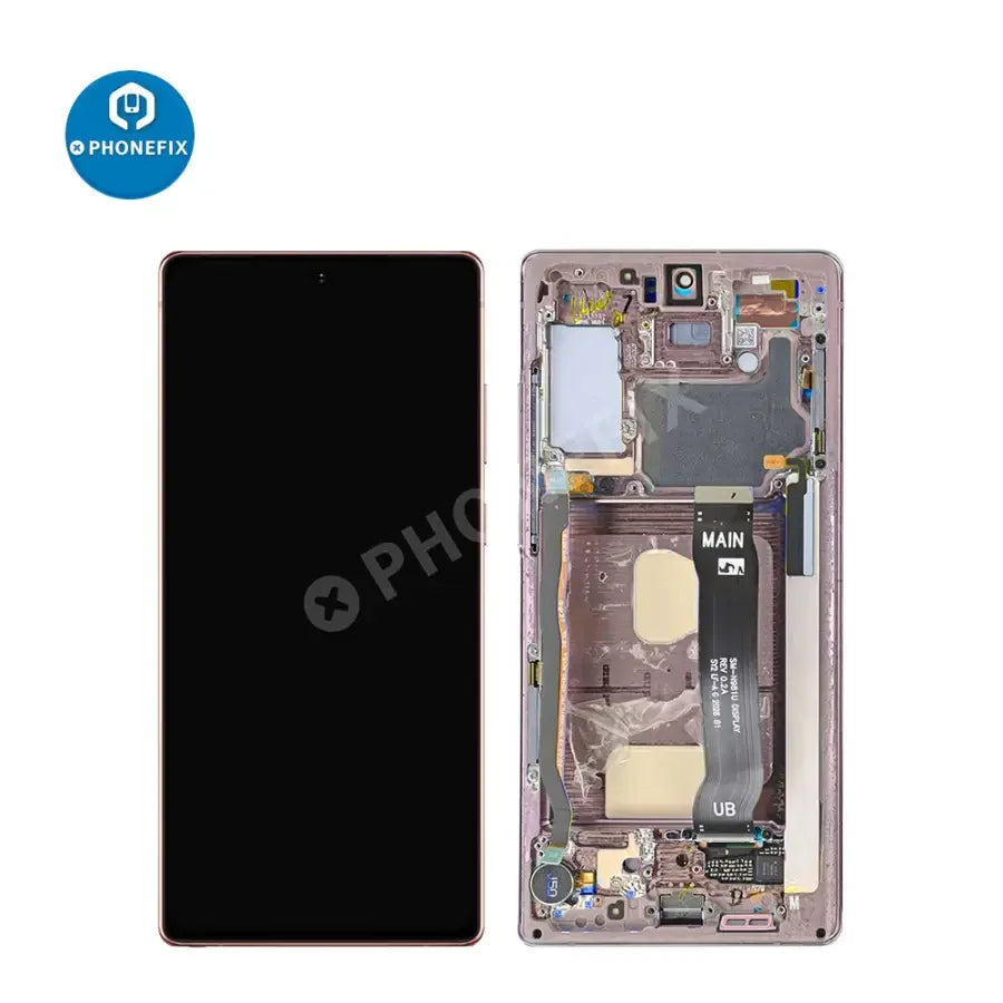 Samsung Galaxy Note 20 OLED screen assembly with frame replacement, featuring a black display and digital connectors.