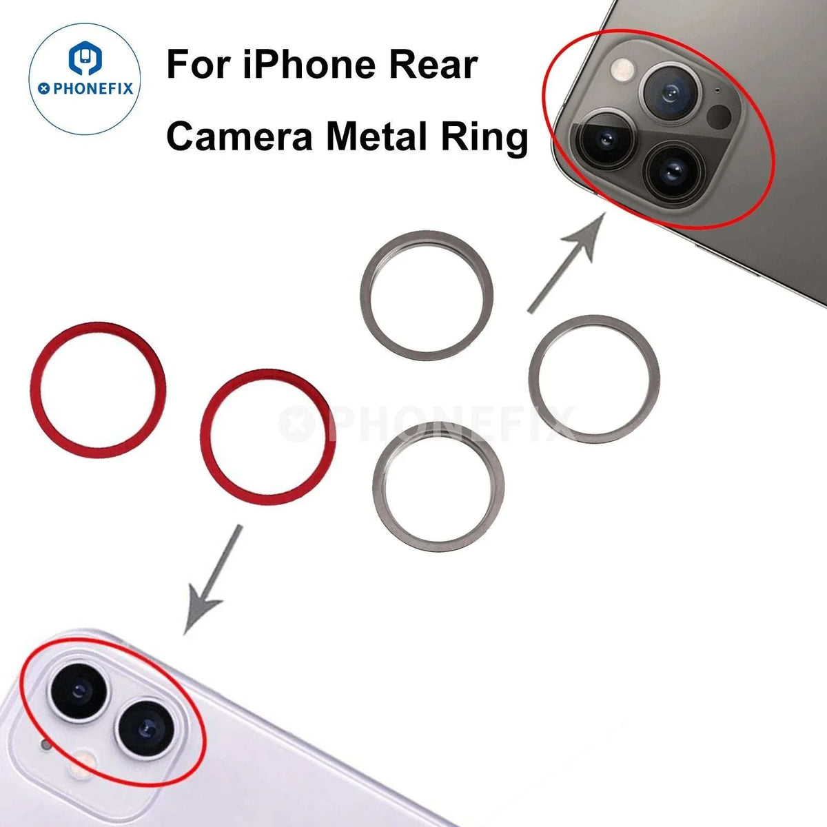 Silver metal ring for iPhone X/11/12/13/14 Pro Max back camera, accessory part from PHONEFIX, designed for camera protection and repair.