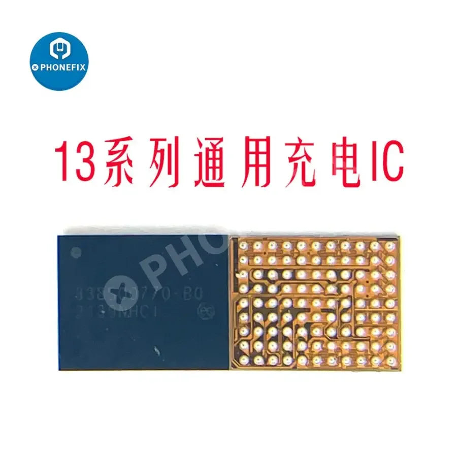 PHONEFIX iPhone 13 series audio codec IC and wireless charging IC for repair, close-up view of small electronic components.