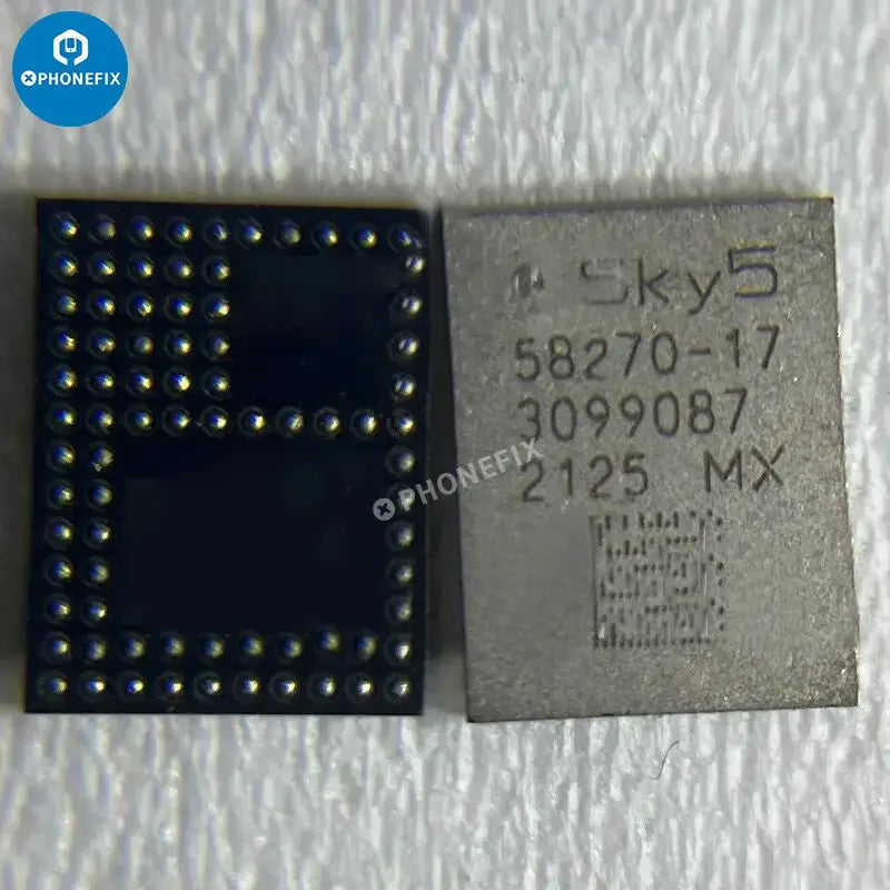 Close-up of a PHONEFIX iPhone power amplifier IC chip, used for signal supply and replacement in iPhone repair.