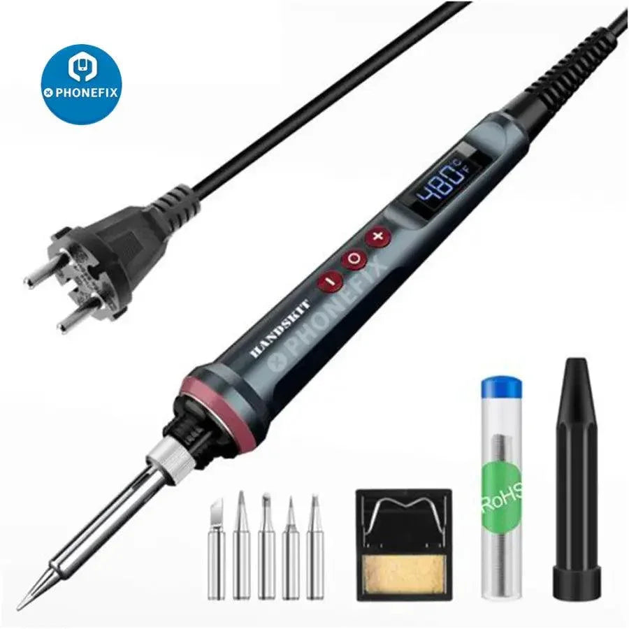 Electric PHONEFIX 90W soldering iron with adjustable temperature, featuring interchangeable tips and nozzles for welding projects.