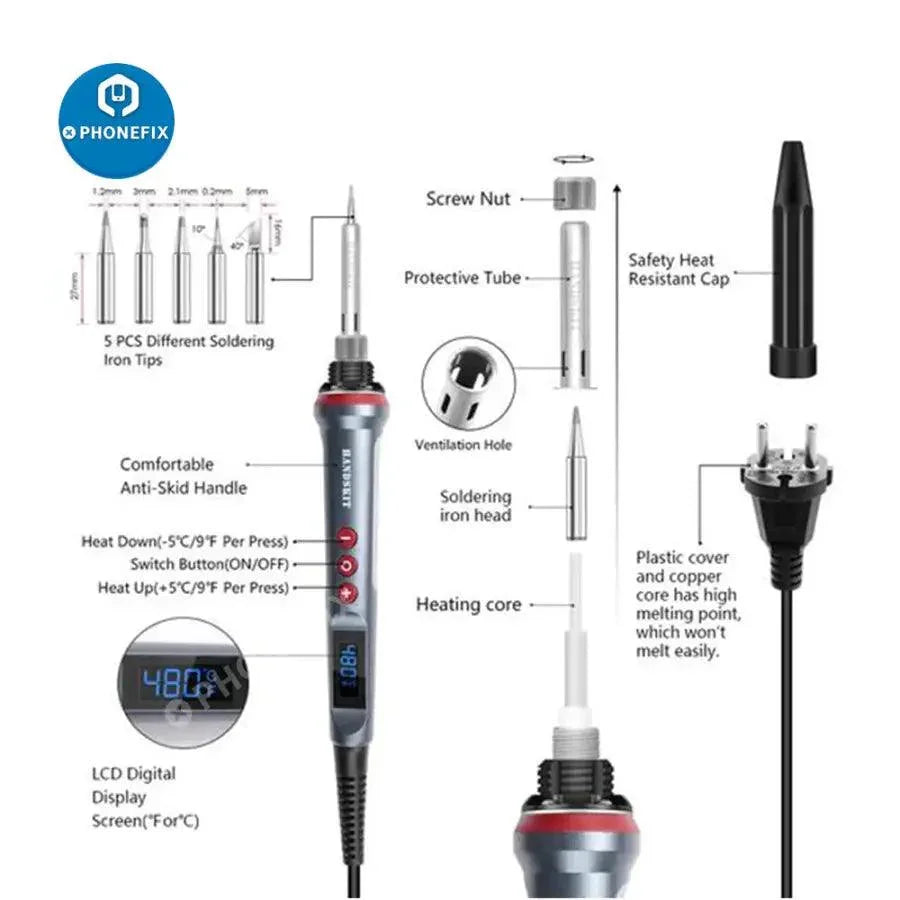 PhoneFix 90W electric soldering iron with adjustable temperature, featuring tips and nozzles for welding and electronics repair.