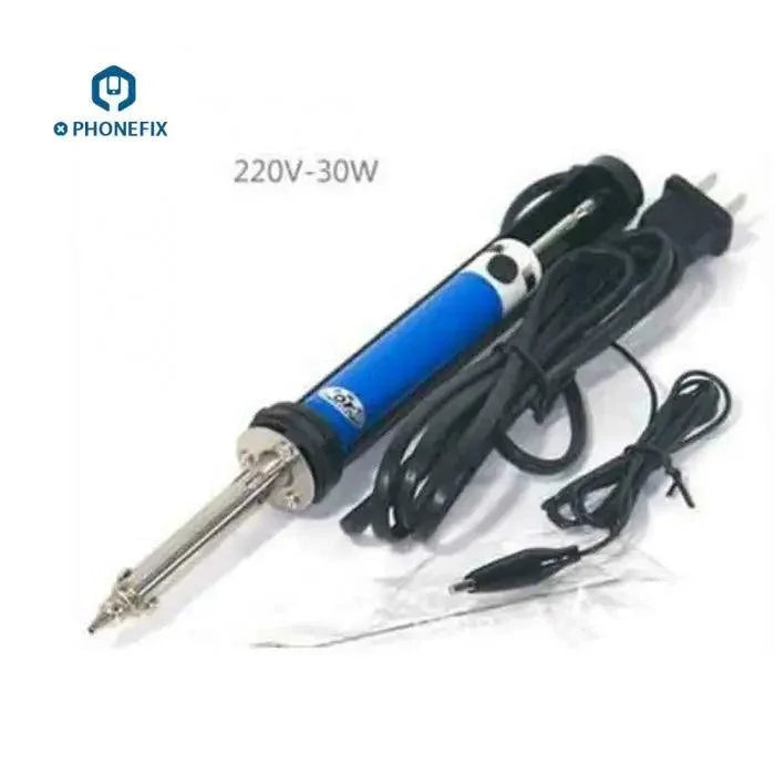 PhoneFix manually desoldering pump with electric vacuum, 30W, for solder removal, featuring nozzles and iron tips for electronic repairs.