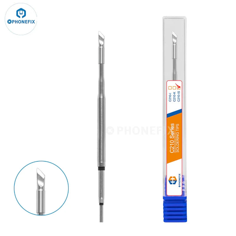 PHONEFIX C210 soldering iron tips for JBC C210 welding head, close-up of replacement iron tips and nozzles for precision soldering.