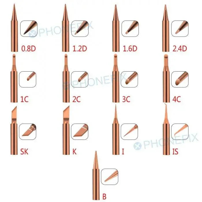 Pure copper 900M-T soldering iron tips for 936 series soldering station, shown in close-up with a metallic finish.