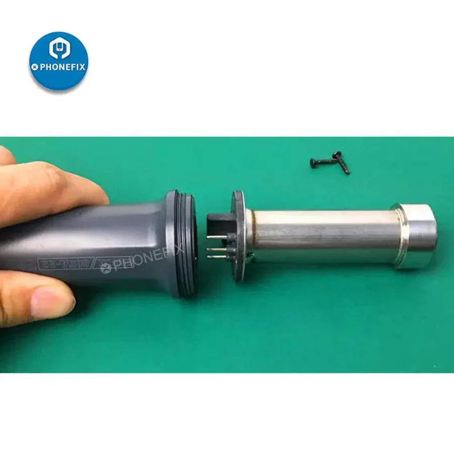 Quick 861DW heating core for hot air gun replacement, shown with iron tips and nozzles, designed for phone repair tools.