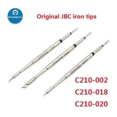 JBC C210 soldering iron tips for T210 handle, including C210002, C210018, and C210020, shown on a phone repair workspace.