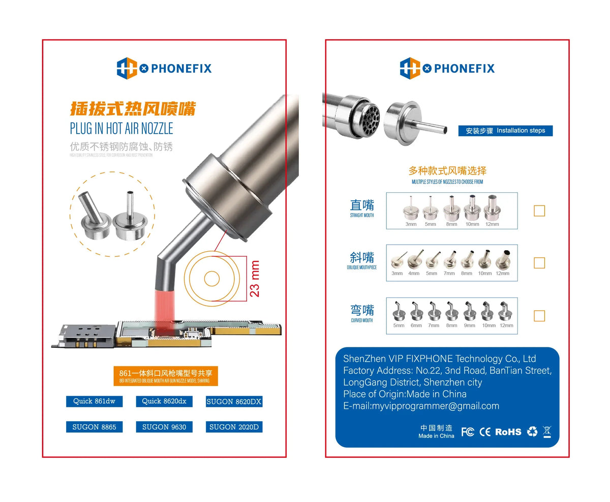 PhoneFix Quick 861DW hot air gun station nozzles and sleeves replacement parts, including iron tips and nozzle attachments.