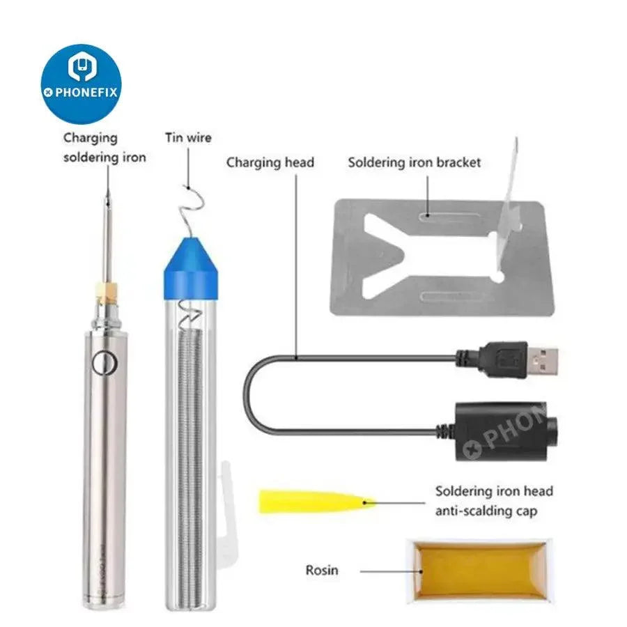 Wireless PHONEFIX 5V 8W rechargeable soldering iron with iron tips and nozzles, compact and portable for electronics soldering.