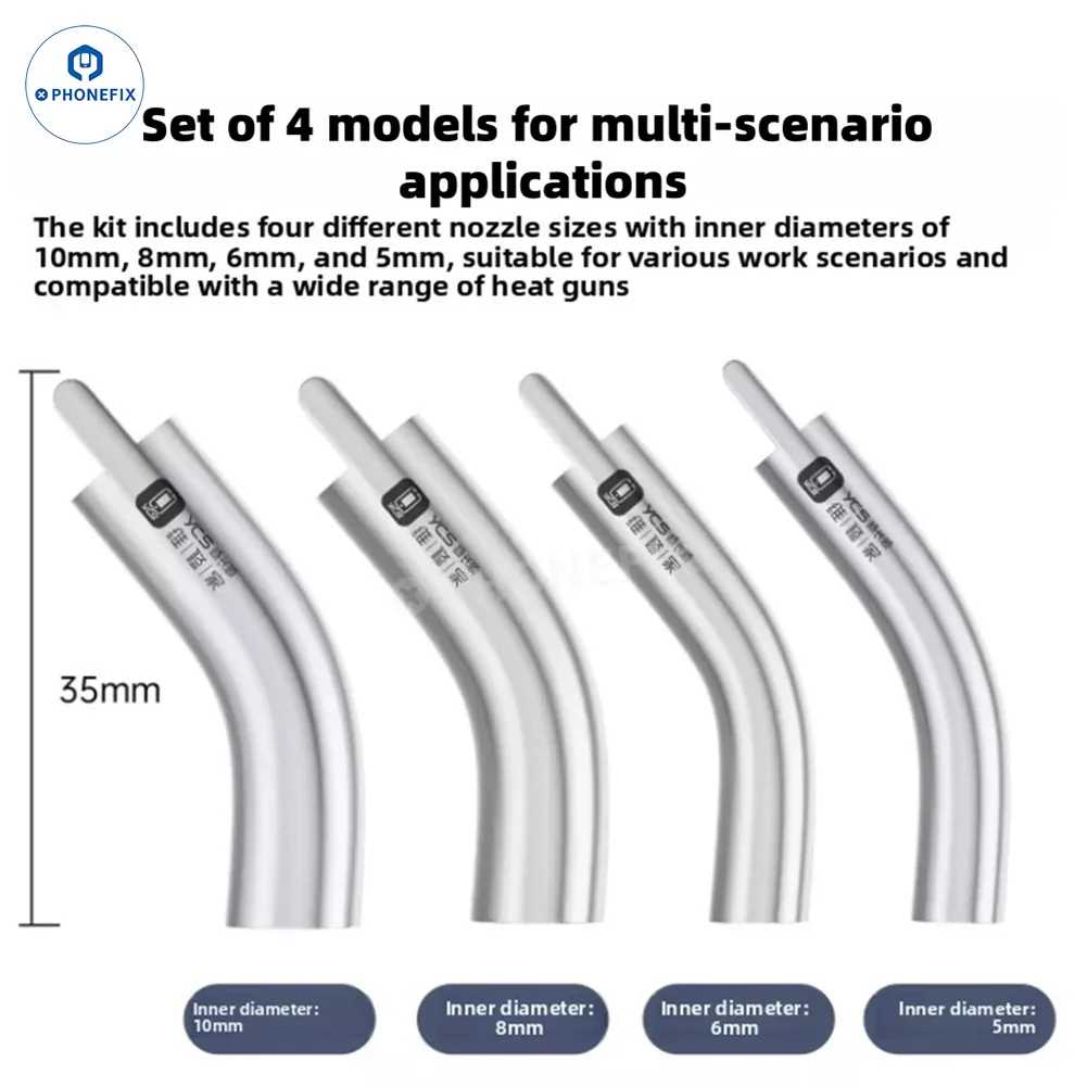 PhoneFix YCS curved air gun nozzles in 5mm, 6mm, 8mm, 10mm for phone repair, compatible with iron tips and nozzles.