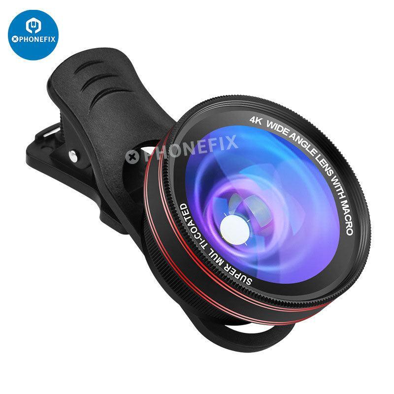 PHONEFIX 2-in-1 4K HD wide-angle macro lens with LED lamp for phone camera, showing the lens attached to a smartphone.