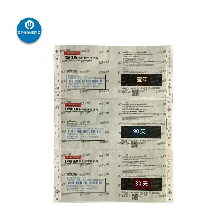 ZXW Software authorization code for iPhone and iPad circuit diagram from PHONEFIX, used for device repair and diagnostics.