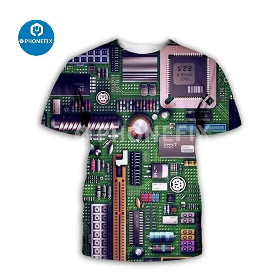 Electronic IC 3D print hip-hop style T-shirt for phone repair by PHONEFIX, featuring a bold electronic circuit design for men.
