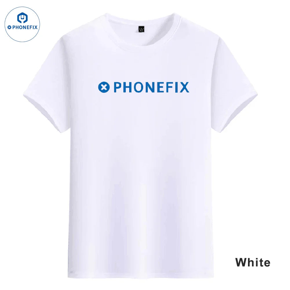 White PHONEFIX short-sleeved T-shirt with DIY customizable logo design, perfect for casual wear and personalized style.