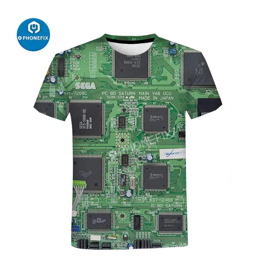 Men's short sleeve T-shirt with 3D electronic IC print in hip-hop style, by PHONEFIX, showcasing vibrant design and comfortable fit.