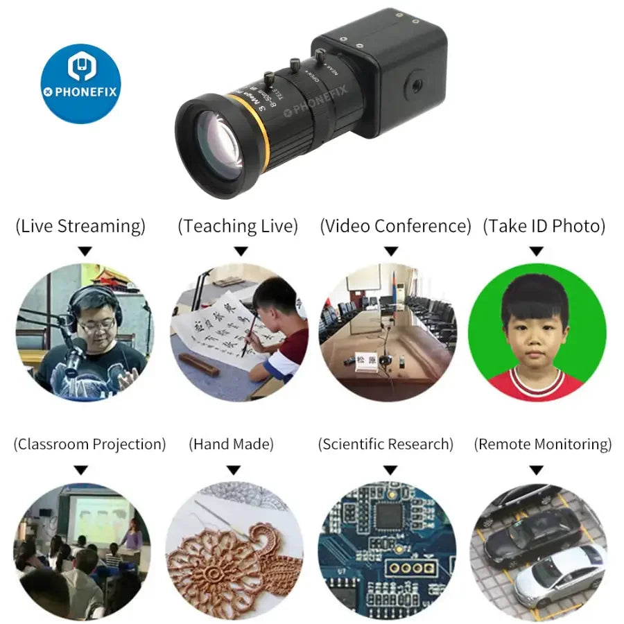 PHONEFIX 1080p live stream camera with 8-50mm lens, ideal for broadcasting, featuring high-definition webcam for live streaming.