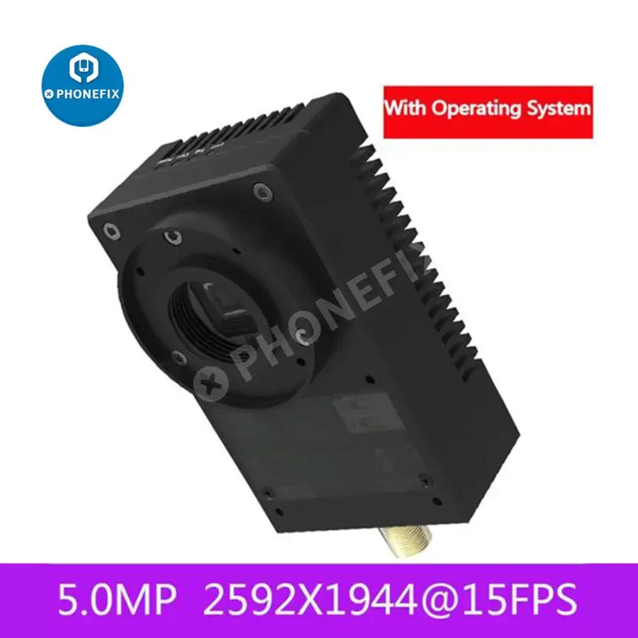 PHONEFIX 5.0MP USB2.0 industrial machine vision camera with Windows system, featuring detailed lens and sturdy industrial design.