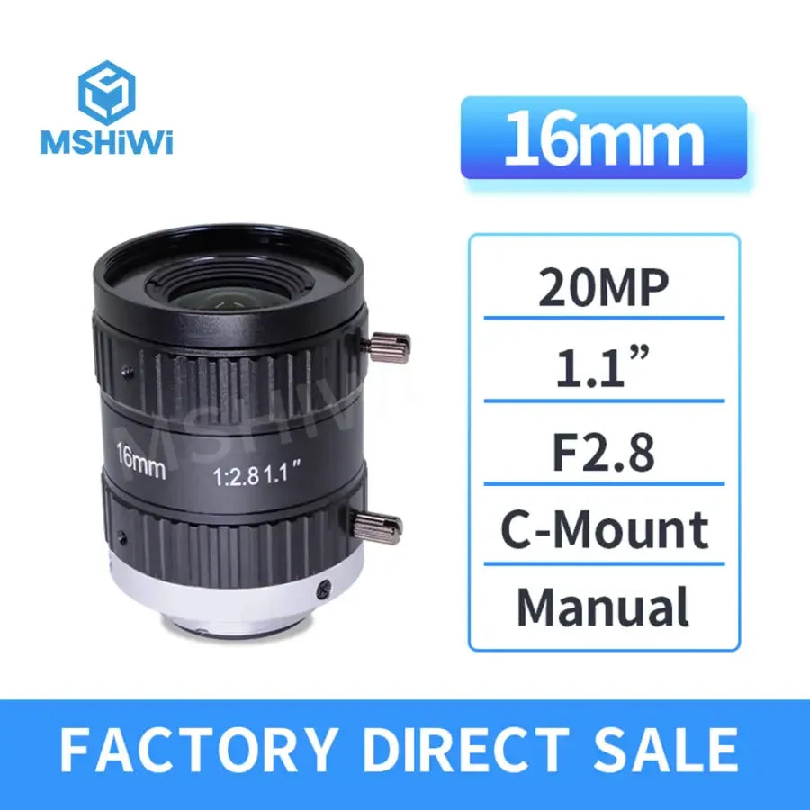 PhoneFix 20MP C-mount prime lens with 12mm-50mm focal length and F2.8 aperture, featuring manual iris for machine vision applications.