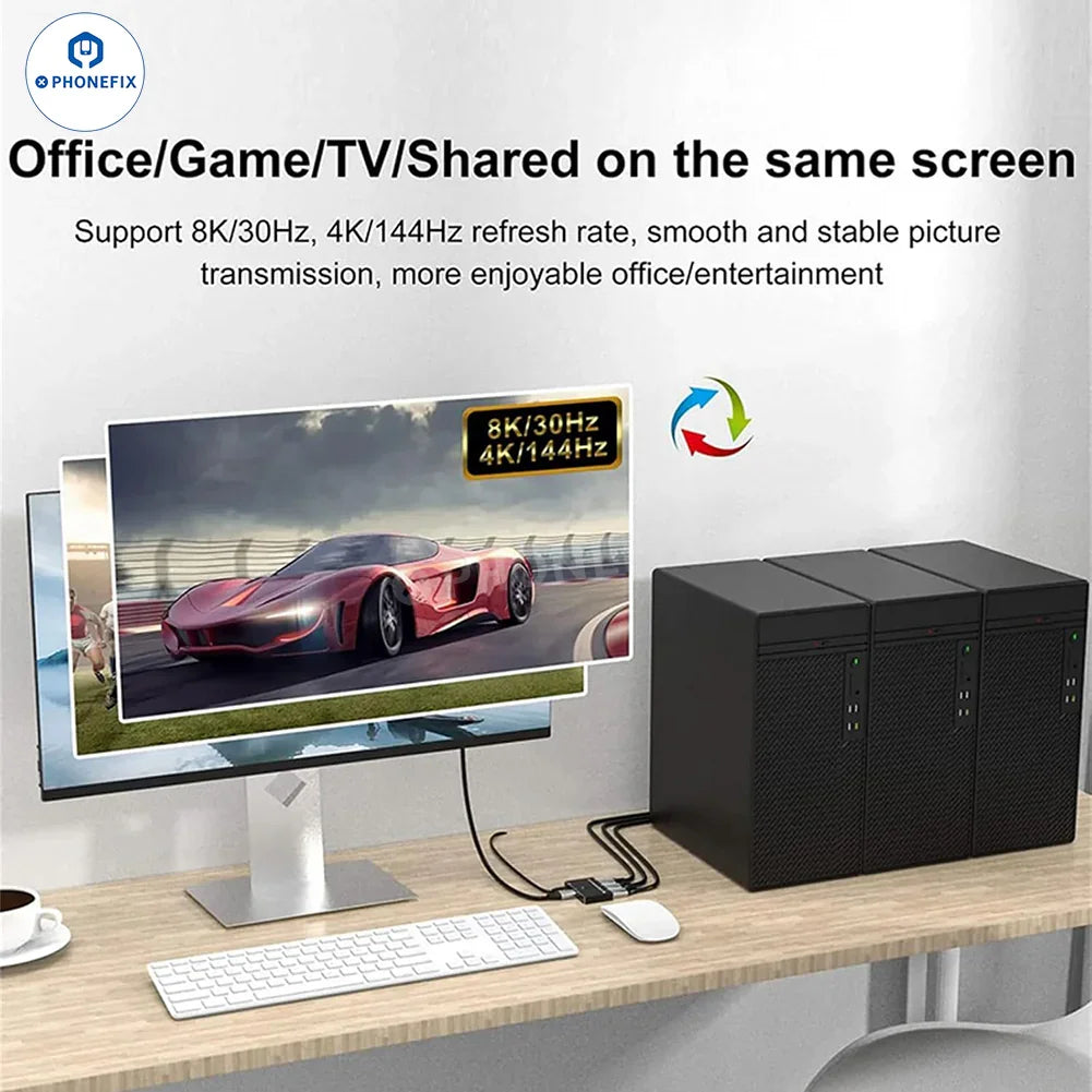 PHONEFIX 3-Port 8K DP Bi-Directional Switch and HD DP1.4 Video Converter connected to a machine vision lens for high-resolution video.