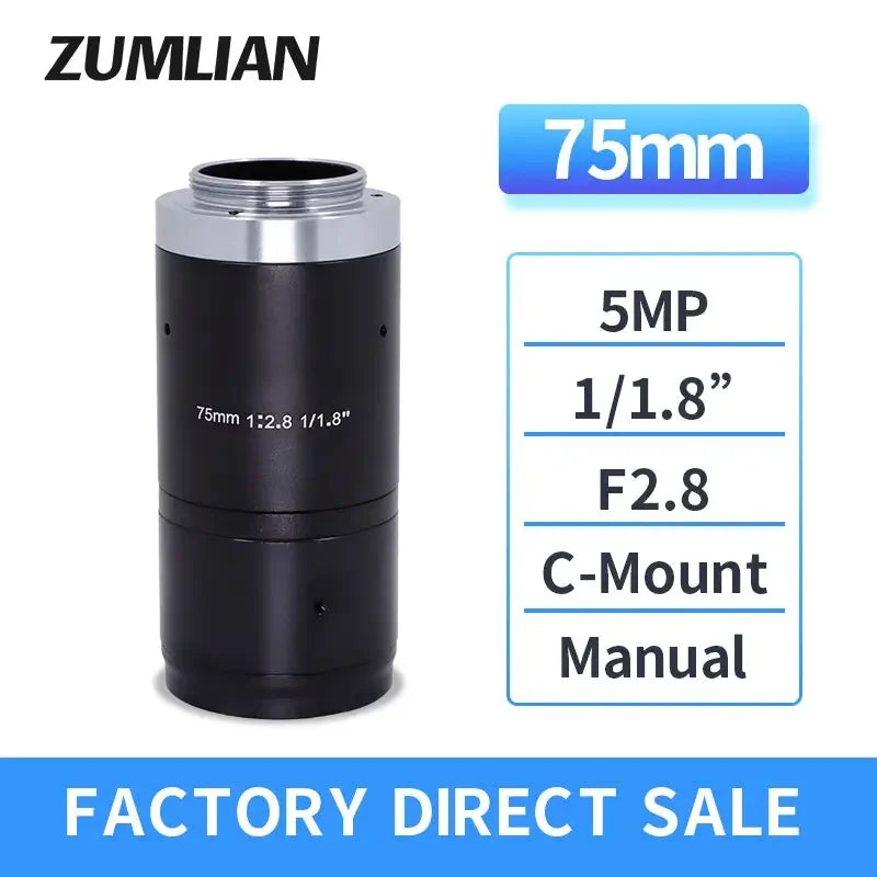 PHONEFIX 5MP industrial camera lens with 75mm and 50mm FA C-mount, F2.8 aperture, suitable for machine vision applications.