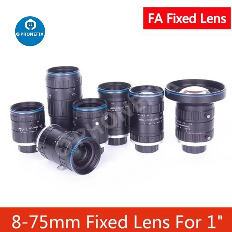 PhoneFix 10MP FA 1" fixed lens CCTV industrial camera zoom lens with 8-75mm focal length for machine vision applications.