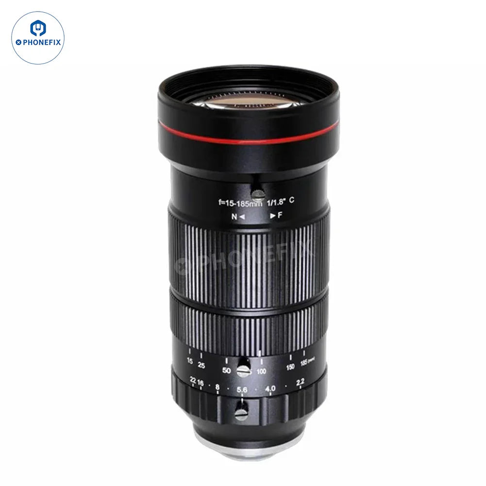 PhoneFIX 15-185mm C-Mount CS industrial machine vision lens for online live streaming, with adjustable focal length.