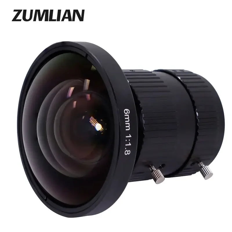 PHONEFIX 12MP C-mount 6mm F1.8 FA Eyefish Prime Lens for machine vision inspection, showing lens with focus on optical elements.