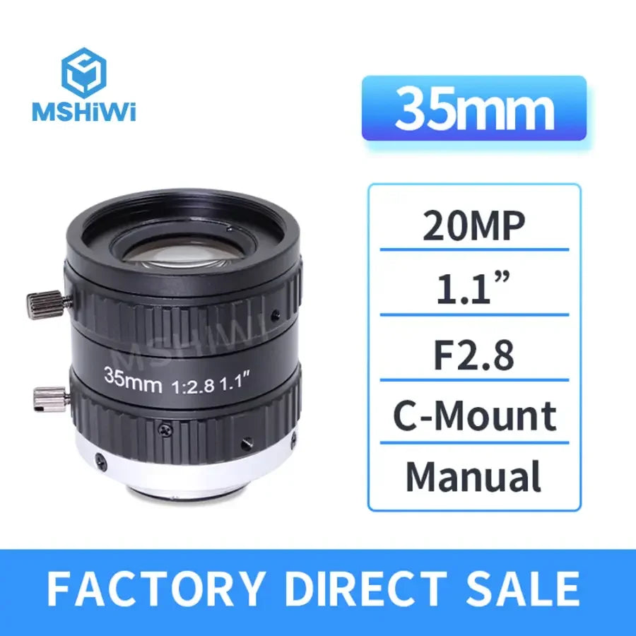 PhoneFix 20MP C-mount 35mm prime machine vision lens with 1.1" F2.8 aperture for high-resolution industrial imaging.