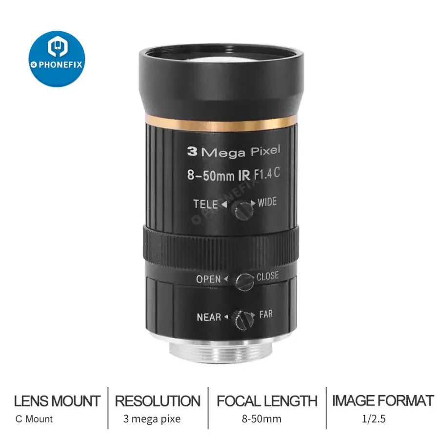 PHONEFIX 3MP 8-50mm F1.4 C-mount industrial machine vision lens for CCTV and industrial camera applications.