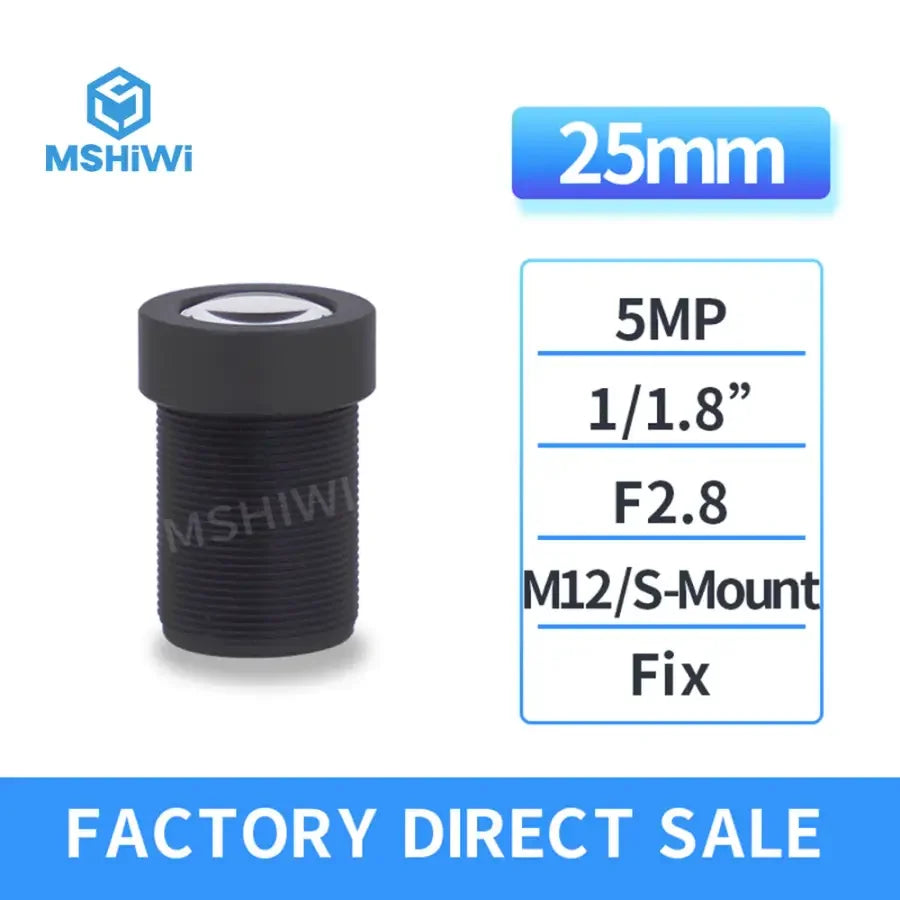 PHONEFIX 5.0MP 25mm F2.8 manual iris CCTV surveillance lens for M12/S-mount camera systems, ideal for machine vision applications.