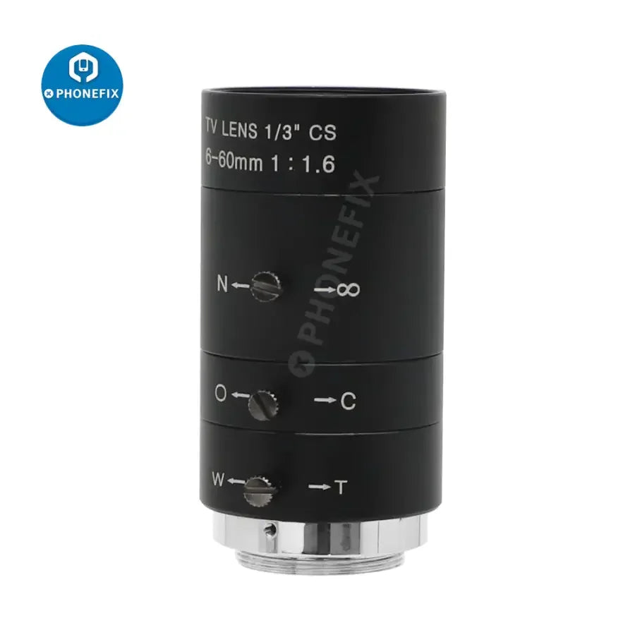 PHONEFIX 6-60mm CS mount manual varifocal lens for industrial microscopes, ideal for machine vision applications.