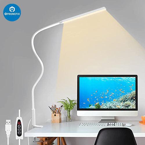 Flexible LED desk lamp with magnifying glass and 3 lighting modes for phone repair by PHONEFIX, providing focused illumination.